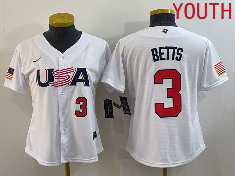 Youth 2023 World Cub USA #3 Betts White MLB Jersey5